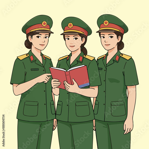 Three Female Soldiers in Green Military Uniforms Reading a Book Illustration
