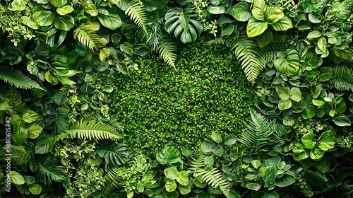 Dark abstract background of green tropical leaves and ferns, nature-inspired flat lay for web, print and design projects
