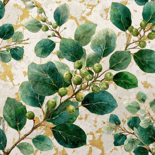 Green Leaves and Berries with Gold Accents on Textured Background