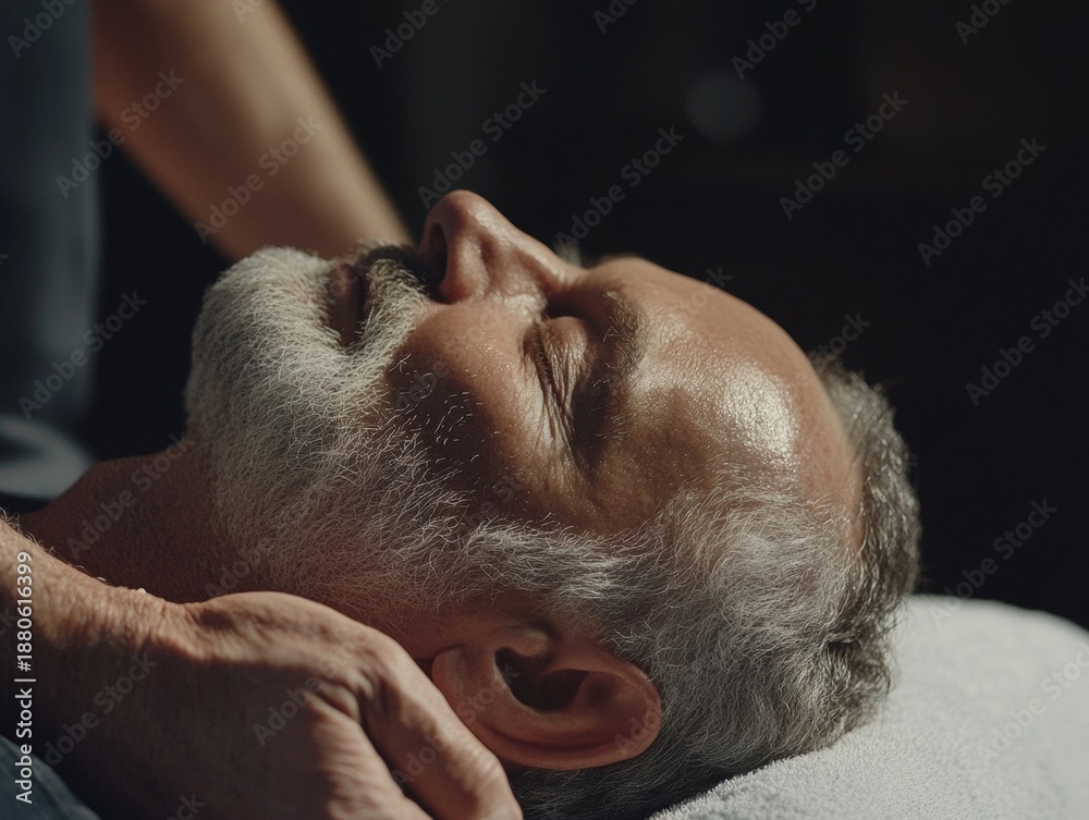 Naklejka premium Close-up of male's face with eyes closed and facial hair, being massaged by professional hands.