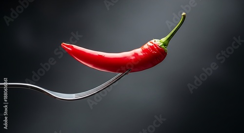 Fresh red chili pepper on a silver fork against dark background Food concept.