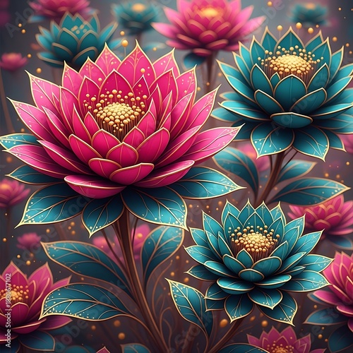 Stylized lotus blossoms in vibrant magenta and rich teal hues feature intricate golden detailing