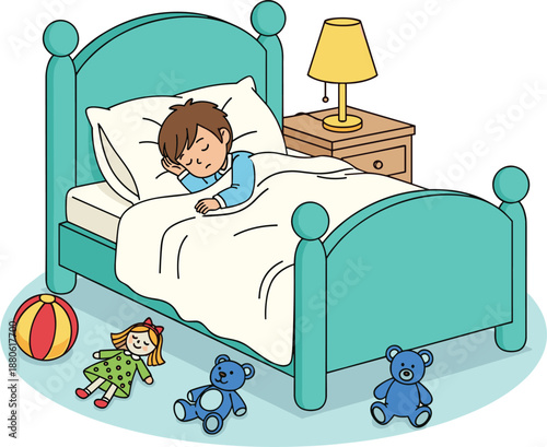 Sleeping child in bedroom vector illustration showing cozy bedtime scene with toys, bed, and night lamp representing healthy sleep and childhood routine concept
