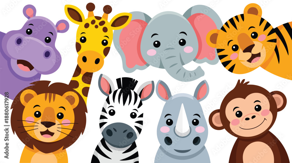 Naklejka premium Adorable safari animals like an elephant and giraffe peeking around the edges of a white frame