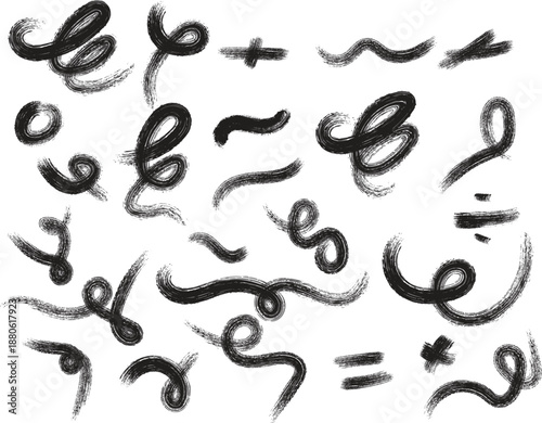 A collection of abstract black squiggles and mathematical symbols on a white background