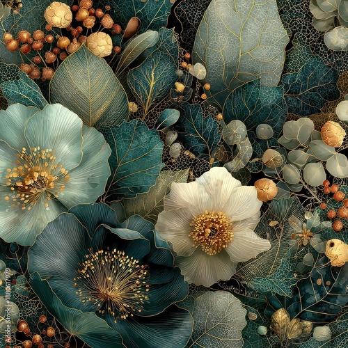 Vibrant Floral Pattern with Detailed Leaves and Intricate Flowers