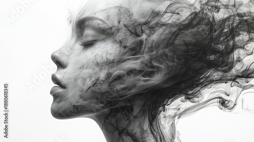 Dark fantasy silhouette of ghostly man's head looking up in black ink smoke on white background, high contrast panoramic visual
