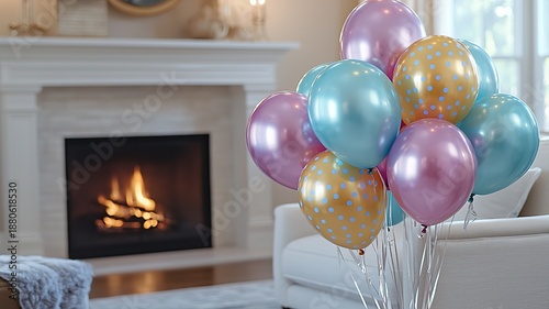 Colorful polka dot balloons tied to empty white chair with fireplace and white brick wall background for celebration and decor
