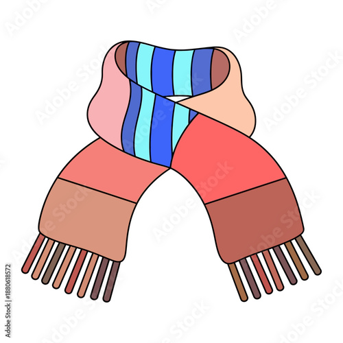 A vibrant, multicolored scarf with striped pattern and fringed ends, illustrated from a straightforward viewpoint.