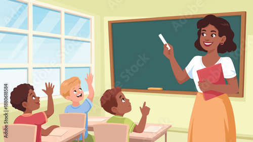 An approachable teacher stands in a lively classroom with diverse students eagerly raising their hands