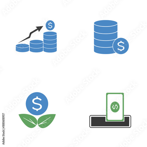 Set of four minimalist flat icons representing financial growth and banking concepts. This collection includes a bar chart made of coins with a rising arrow for profit growth, a stack of coins