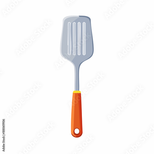 Orange Handled Kitchen Spatula with Slotted Head.