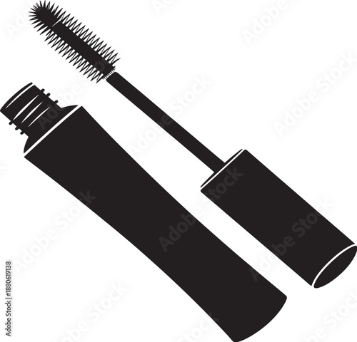 Black silhouette of mascara tube and wand with bristled applicator on white background