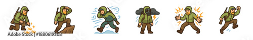Set of cartoon survivor character illustrations showing various actions like tracking, scouting, enduring wind, wearing a gas mask in a storm, getting shocked, and running