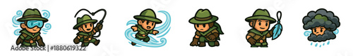 Set of six cartoon explorer character sprites for a video game, showing different actions and elemental powers like wind, water, and rain in a cute, bold-lined art style
