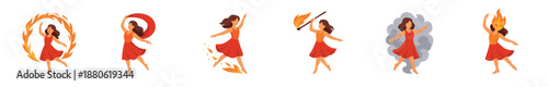 Set of female character illustrations showing a woman in a red dress interacting with fire, representing concepts of passion, energy, anger, stress, and emotional burnout
