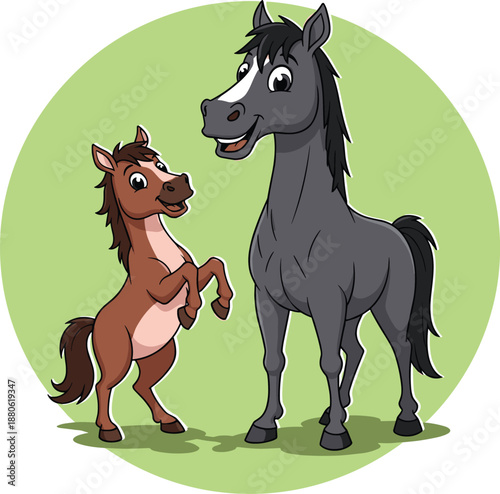 Cute cartoon horse and foal vector illustration showing friendly farm animals interaction, family bond, and playful countryside character design for kids projects
