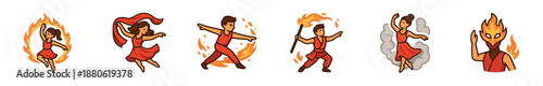 Set of six cartoon fire performer icons showing dancers jumping through a hoop, holding a torch, and wearing a flame mask in a dynamic and energetic vector illustration style
