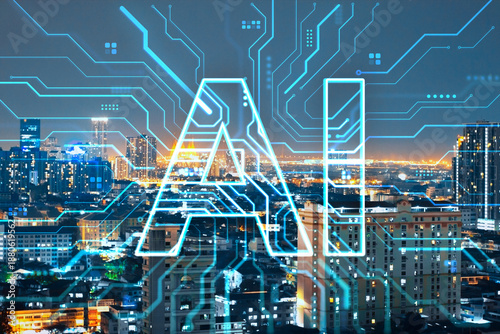 Wallpaper Mural Futuristic AI circuit pattern overlaying modern cityscape at night with glowing architecture and illuminated skyline in digital tech concept. Torontodigital.ca