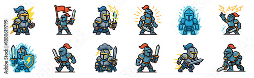 Collection of cartoon knight characters in various action poses with magical effects, illustrated as a game asset set with swords, shields, and armor for fantasy adventures