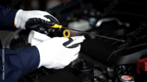 Mechanic Checking Engine Oil Level with Dipstick in Car Engine Bay