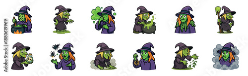 Collection of cartoon green witch characters in various magical poses and actions, brewing potions, casting spells, and showing different spooky and funny emotions