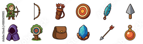 Collection of fantasy archer game icons including a character, bow, arrow, quiver, target, cloak, and magic gem in a cute cartoon style illustration set