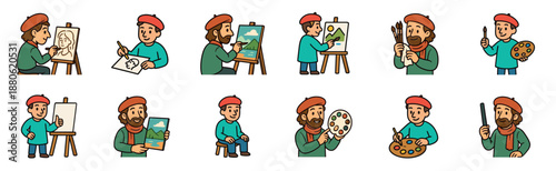 Collection of male painter character illustrations wearing berets and scarves, drawing portraits and landscapes with easels, palettes, and brushes in a cute doodle cartoon style