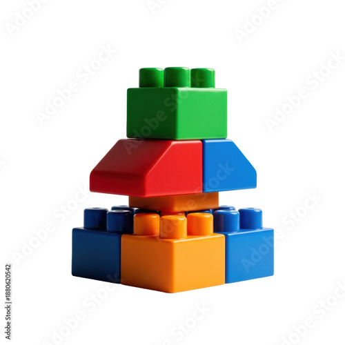 Hyper-detailed macro photo of a perfectly balanced pyramid stack of glossy, vivid plastic duplo building blocks, isolated on transparent with soft shadow. Concept of fundamental structure and