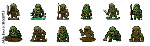 Collection of cartoon swamp monster characters with glowing red eyes, shown in various poses with weapons like swords and spears for a fantasy game concept