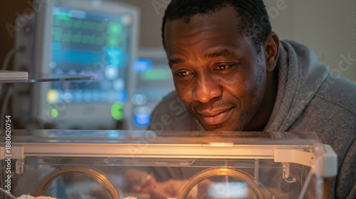 African American father looking at newborn baby in hospital incubator with medical monitor in background
