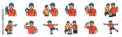 Set of cartoon fitness coach illustrations showing a male personal trainer in various poses like exercising, holding a stopwatch, and instructing a client in a simple line art style