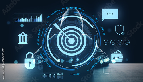 Fotografija Cybercriminal targeting financial institutions with digital hacking interface and security breach visuals on dark background in futuristic style