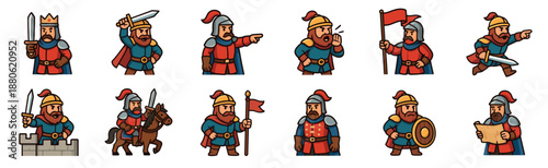 Set of cartoon medieval warrior characters including a king, knights, and soldiers in various poses like holding swords, riding a horse, and reading a map in a simple 2D style