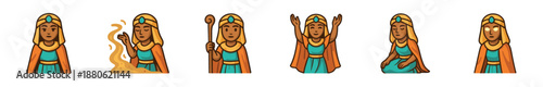 Ancient fantasy queen character sprite sheet with six different poses and expressions, including casting magic, holding a staff, praying, and meditating in a simple cartoon style