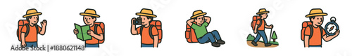 Set of male hiker cartoon character illustrations showing various travel and outdoor activities like reading a map, taking photos, and using a compass in a cute, simple doodle style