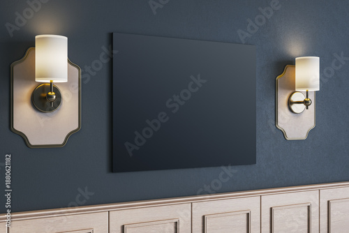 Quadro em tela Elegant interior wall with blank black canvas mockup between two vintage wall sconces on dark blue background in classic home setting