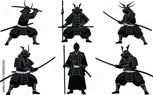 Samurai warrior silhouettes in traditional armor with katana swords, Japanese feudal fighters poses, martial arts culture, history and combat illustration