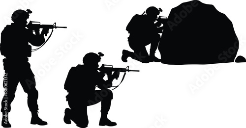 Silhouette of armed soldiers in tactical combat formation using cover during military operation, special forces patrol, security and warfare concept