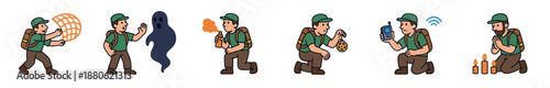 Set of cartoon adventurer character illustrations showing a man catching with a net, seeing a ghost, using a smoke signal, holding a pentagram, using a radio, and praying