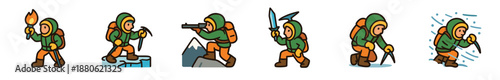 Collection of explorer mascot character illustrations in a simple cartoon style, showing an adventurer in winter gear with a backpack, torch, ice axe, and rifle for a game or quest