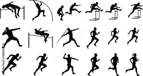Track and field silhouettes, athletic motion illustration, sports activity poses, dynamic athlete clipart, fitness movement art, competition concept, black design