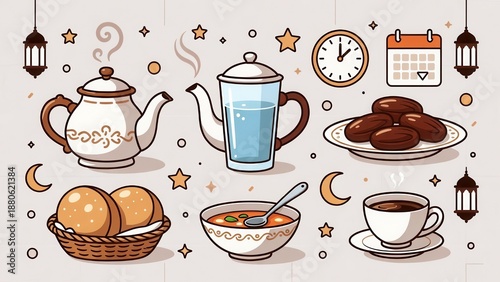 Ramadan Fasting Concept Theme: Traditional food icons arranged on modern background
