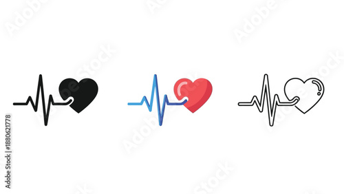 Collection of three distinct heart rate monitor line icons illustrating cardiac activity and rhythm