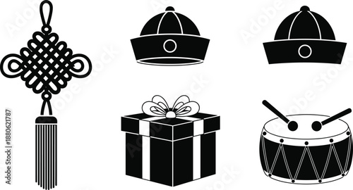 Chinese new year symbols collection knot, hats, gift box, and drum icons