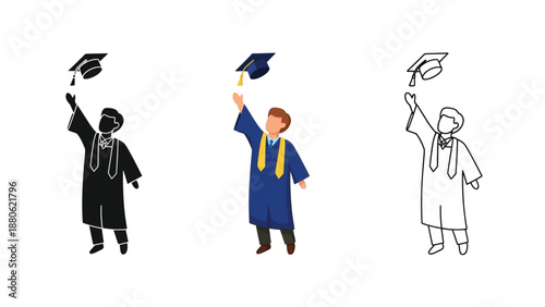 Graduate student joyfully celebrates academic achievement by tossing his mortarboard cap high into the air