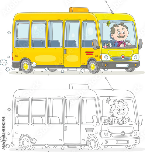 Yellow cartoony city bus with a funny driver hurrying down a street, color and black-and-white vector cartoon illustrations for a coloring book