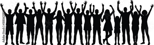 Large group of diverse people silhouettes with raised hands, celebrating together in a crowd, community and success vector illustration
