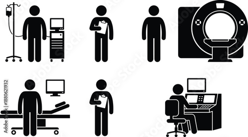 Medical diagnostic icons, patient examination workflow, radiology scan equipment, hospital treatment process, healthcare technology, clinical monitoring silhouette illustration set
