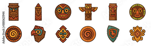 Collection of colorful tribal masks and symbols features various ethnic totems, shields, and ancient idols with intricate geometric patterns in a flat cartoon vector illustration style
